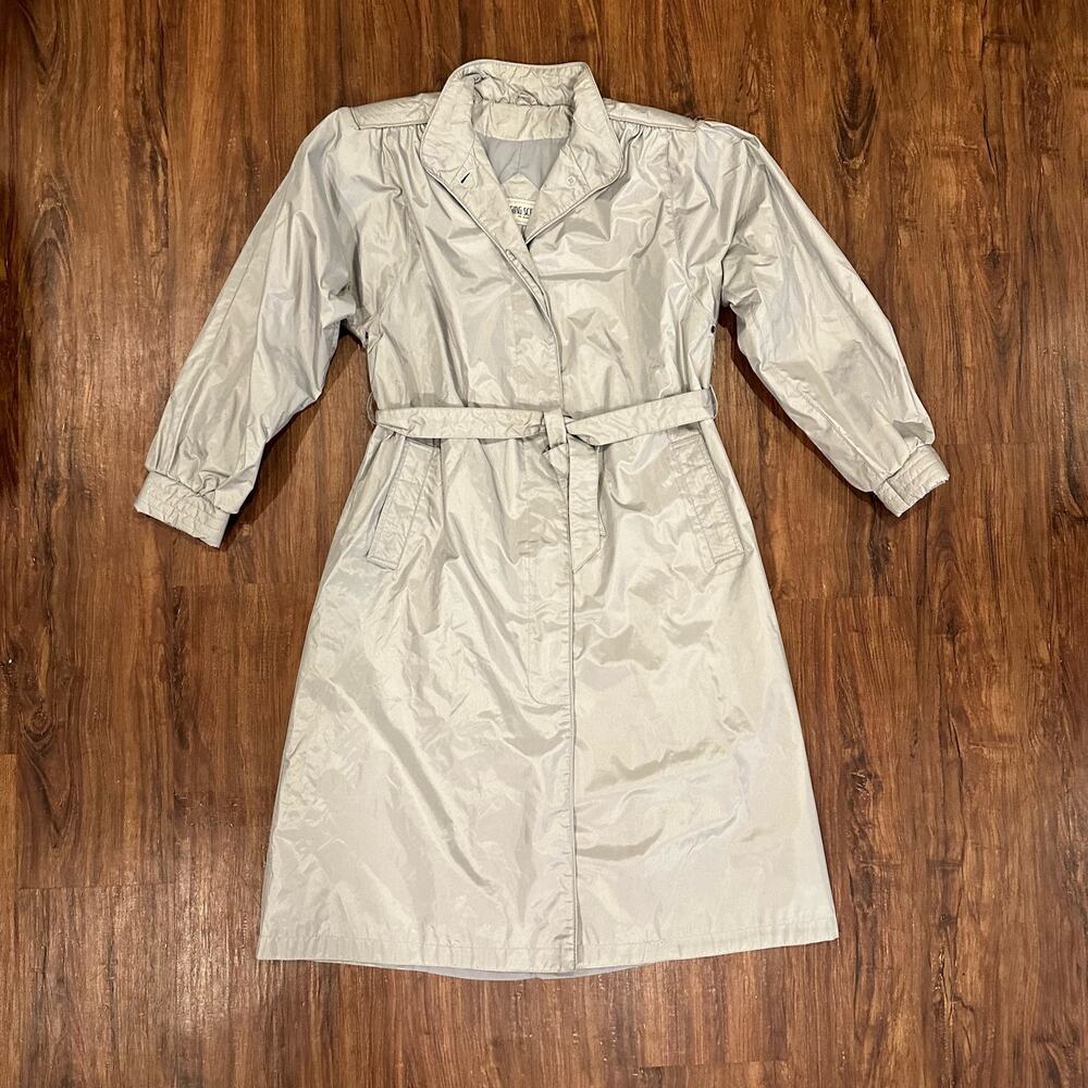 Vintage 80s Changing Scene Silver Nylon Raincoat Belted Trench Coat 12 L Large